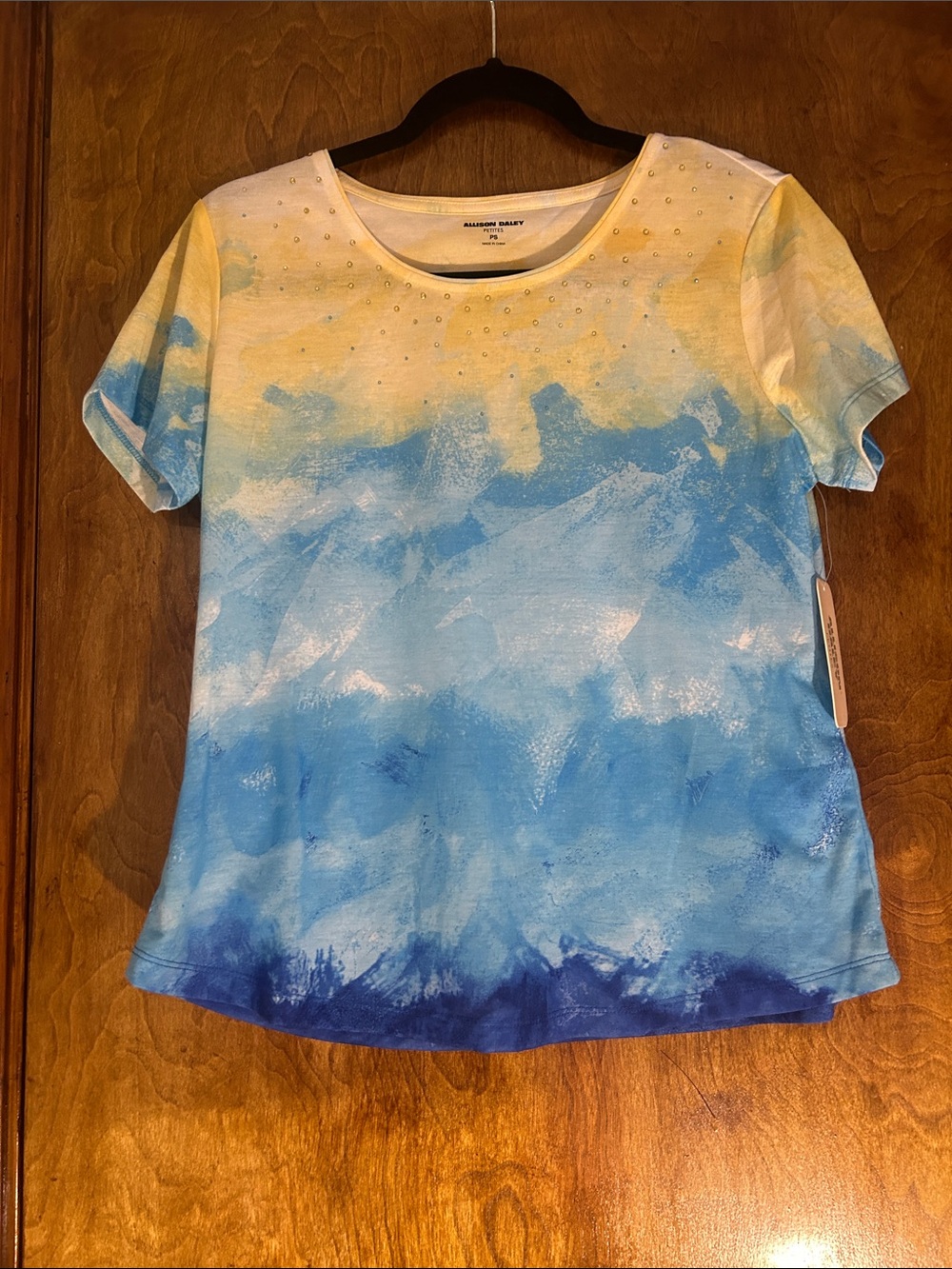 Allison Daley Blue and Yellow Ombre Short Sleeve Top with Rhinestones